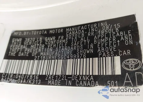 2016 Toyota Corolla Le from USA, damaged, VIN 2T1BURHE5GC499976